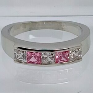 Vintage 90s Pink Clear Princess Cut CZ Channel Set Silver Tone Band Ring‎ Size 9